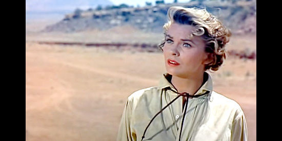 Joann Dru as Lilly, trying to escape an outlaw past in Southwest Passage (1954)