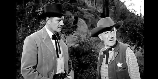 Joel McCrea as Mike Ryan and Addison Richards as Sheriff Jones, working to solve a rash of robberies in Gunsight Ridge (1957)