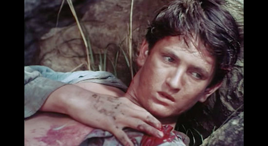 John Drew Barrymore as Jeff Cloud, Tom's younger brother, wounded on a night ride with Kid Wichita in The Sundowners (1950)