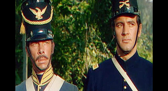 Lee Marvin as Sgt. Magruder and Rock Hudson as Lt. Lance Caldwell, wondering about the wisdom of a major's orders in Seminole (1953)