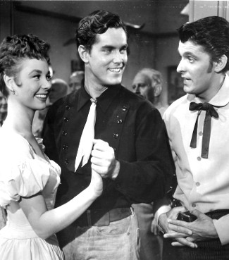 Mitzi Gaynor as Rusty Blair, Jeffrey Hunter as Johnny Colt and Keefe Brasselle as Tony Ballew in Three Young Texans (1954)