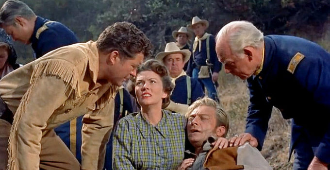 Dennis Morgan as Jim Bridger, Paula Richards as Max Gaines, Richard Dennis as Jack Gaines and Roy Gordon as Col. Carrington in The Gun That Won the West (1955)