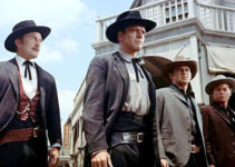Doc Holliday (Kirk Douglas), Wyatt Earp (Burt Lancaster), Virgil Earp (John Hudson) and Morgan Earl (DeForest Kelly) head to a showdown in Gunfight at the O.K. Corral (1957)