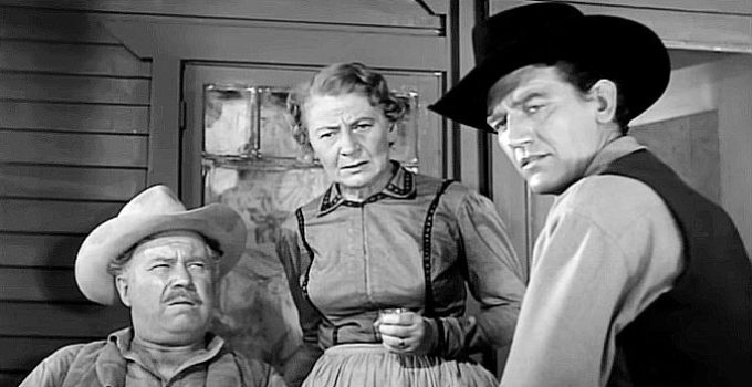 Edgar Buchanan as Bill Dowdy, Edith Evanson as his wife Belle and Earle Lyon as Sheriff Gregg Leech in The Silver Star (1955)