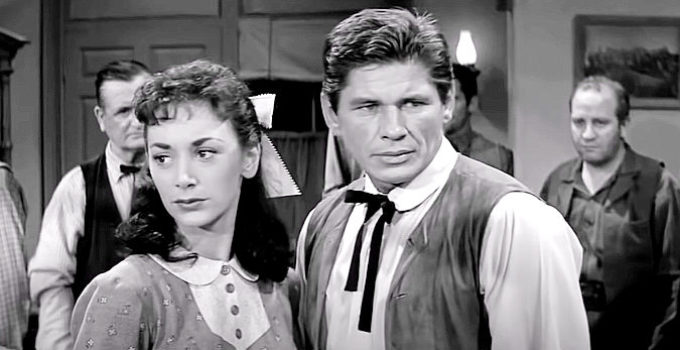Fintan Meyler as Sarah Crane and Charles Bronson as Luke Welch in Showdown at Boot Hill (1958)