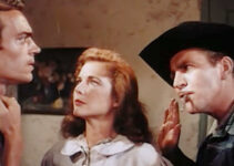 Jack Elam as Earl Boyce, Cathy Downs as Kathleen Boyce and Robert Preston as Kid Wichita in The Sundowners (1950)