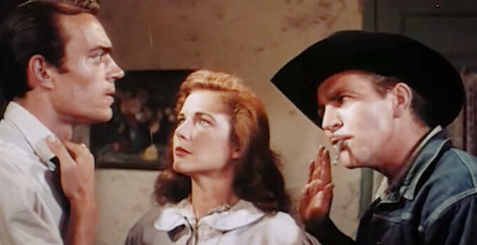 Jack Elam as Earl Boyce, Cathy Downs as Kathleen Boyce and Robert Preston as Kid Wichita in The Sundowners (1950)