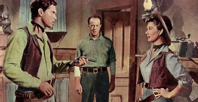 Jeffrey Hunter as Johnny Colt, Harvey Stephens as Jim Colt and Mitzi Gaynor as Rusty Blair in Three Young Texans (1954)