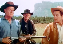 Joel McCrea as Judge Rick Thorne, Emile Meyer as Sheriff Bell and Kevin McCarty as Tom Bannerman in Stranger on Horseback (1955)