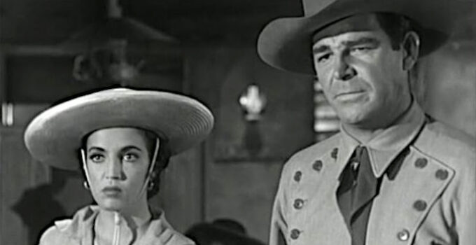 Katy Jurado as Mistania Figueroa and Rod Cameron as Carl Miller, on a dangerous journey in San Antone (1953)