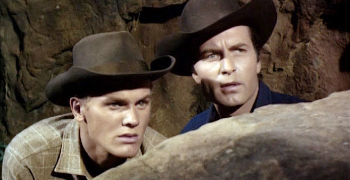 Tab Hunter as Chip Ringo and George Montgomery as Billy Ringo in Gun Belt (1953)