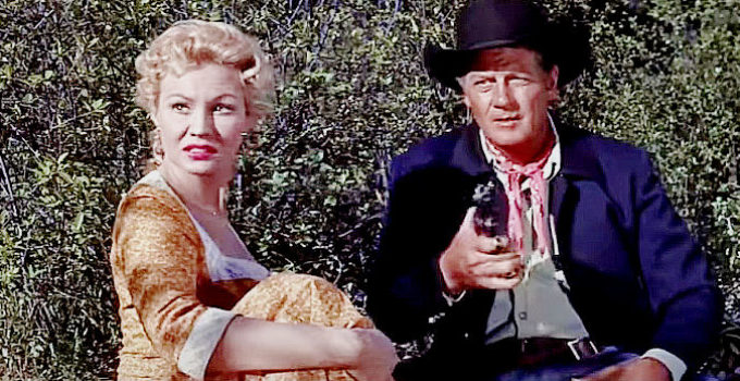 Virginia Mayor as Ellen and Joel McCrea as Ned Bannon in The Tall Stranger (1957)