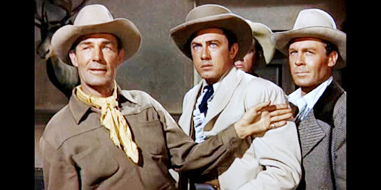 Randolph Scott as Britt Canfield trying to keep brothers Tom (Peter Thompson) and Clint (John Archer) out of trouble with Union soldiers in Sante Fe (1951)