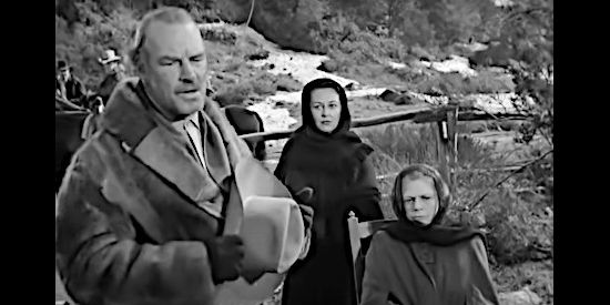 Ray Teal as Sheriff Cromwell, arriving with his posse as Rachel and Granny look on in The Secret of Convict Lake (1951)