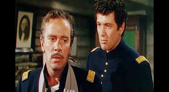 Richard Carlson as Maj. Harlan Degan and Rock Hudson as Lt. Lance Caldwell, disagreeing about Indian policy yet again in Seminole (1953)