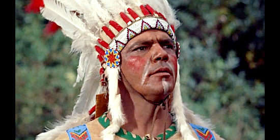 Robert Brice as Red Cloud, determined to strike before the whites new weapons arrive in The Gun That Won the West (1955)