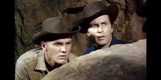 Tab Hunter as Chip Ringo with his uncle Billy (George Montgomery) in Gun Belt (1953)