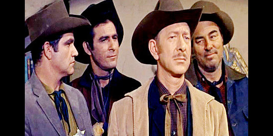 Vaughn Taylor as cattle king Ben Bodeen with his hired guns, Cass (John Cliff), Hondo (George Reymas) and Notches (Richard Reeves) in Gunsmoke in Tucson (1958)