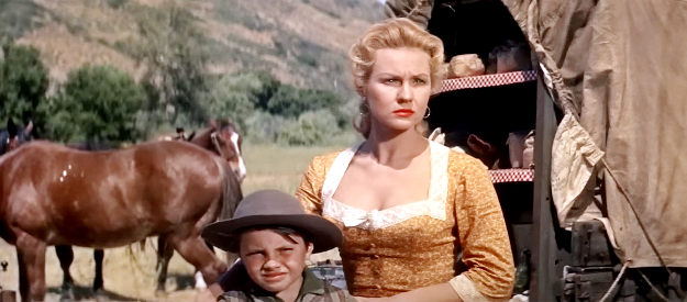 Virginia Mayo as Ellen with her son, looking for a fresh start in The Tall Stranger (1957)