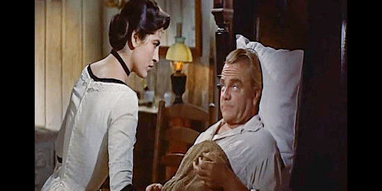 Irene Papas as Jocasta Constantine, trying to convince Jeremy Rodock (James Cagney) to stay in bed and rest in Tribute to a Bad Man (1956)