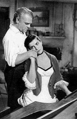 James Cagney as Jeremy Rodock and Irene Pappas as Jocasta Constantine in Tribute to a Bad Man (1956)