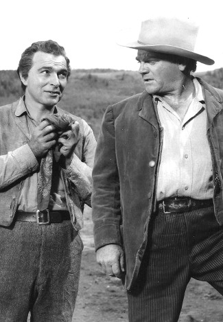 Stephen McNally as McNulty and James Cagney as Jeremy Rodock in Tribute to a Bad Man (1956)