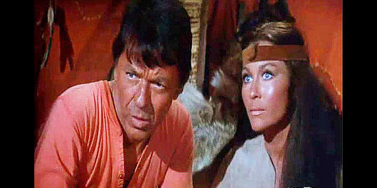 Frank SInatra as Dingus Magee and Michele Carey as Anna Hot Water, realizing they have an audience of tribal elders on their wedding night in Dirty Dingus Magee (1970)