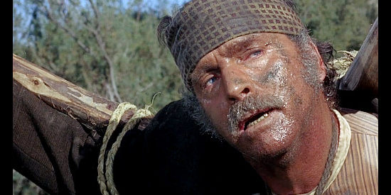 Burt Lancaster as Valdez, begging to be freed from the crucifix attached to his body in Valdez is Coming (1971)