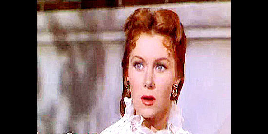 Rhonda Fleming as Madeline Danzeeger, reacting to a surprise revelation in The Eagle and the Hawk (1950)
