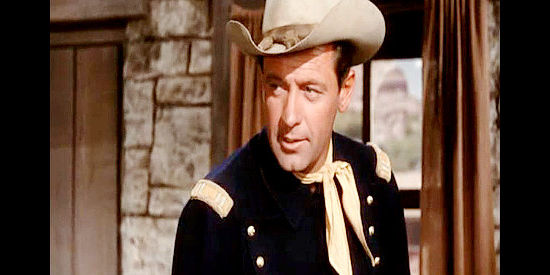 William Holden as Capt. Roper, learning his new love has disappeared with the Confederate escapees in Escape from Fort Bravo (1953)