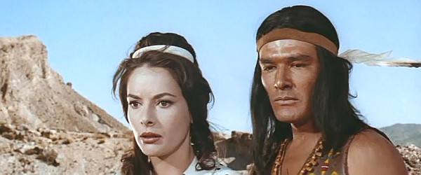 Karin Dor as Cora Munroe and Daniel Martin as Unkas in The Last Tomahawk (1965)