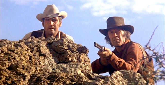 Lee Majors as Will Kane and David Carradine as Ben Irons in a standoff in High Noon II, The Return of Will Kane (1980)