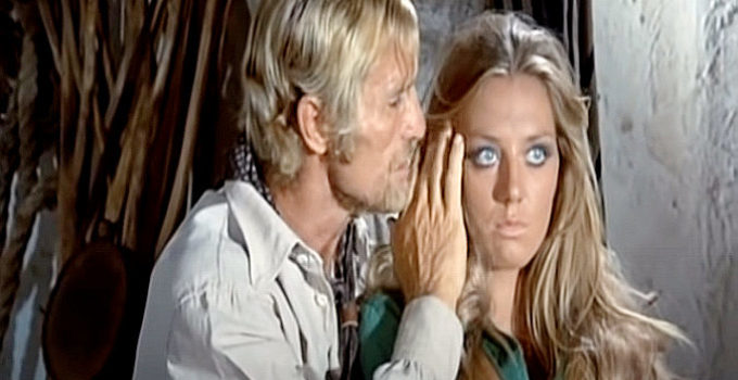 Gordon Mitchell as Burt Kelly with his captive Simonetta Vitelli (Simone Blondell) as Jessica Brewster in Django and Sartana, Showdown in the West (1970)