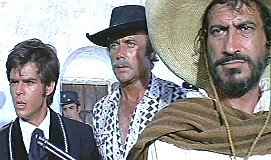 Manuel Miranda as Francisco Sandoval, Antonio Pic as Sam Powell and Leo Anchoriz as Father Converso in A Bullet for Sandoval (1969)
