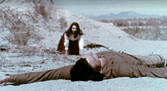 Joan Stapleton as Athaliah crawling toward a fallen Frank (Robert Gregory) in The Devil's Mistress (1965)