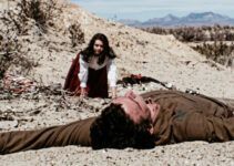 Joan Stapleton as Athaliah crawling toward a fallen Frank (Robert Gregory) in The Devil's Mistress (1965)