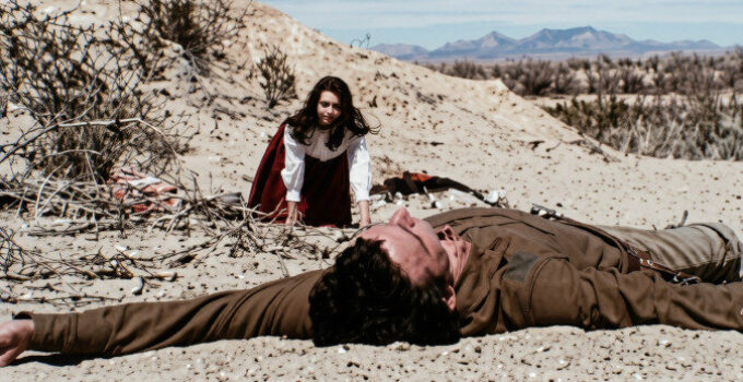 Joan Stapleton as Athaliah crawling toward a fallen Frank (Robert Gregory) in The Devil's Mistress (1965)