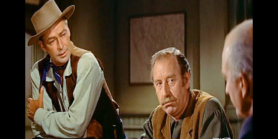 Alan Ladd as Johnny MacKay and Frank Ferguson as Dyar discuss the lifelihood of a peace agreement with Captain Jack in Drum Beat (1954)