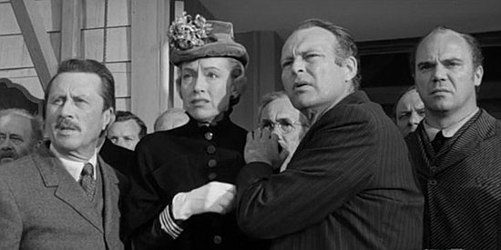 Allyn Joslyn as Harvey Maxwell, Virginia Gregg as Rose Tibbs, Leif Erikson as Lou Glover and John Doucette as Ben Buddy in The Fastest Gun Alive (1956)