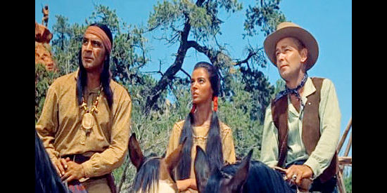 Anthony Caruso as Manok, Marisa Pavan as Toby and Alan Ladd as Johnny MacKay, wondering if they're riding into a trap in Drum Beat (1954)