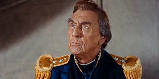 Basil Rysdael as Gen. Andrew Jackson, summoning his ace scout Davy during a campaign against the Indians in Davy Crockett, Frontier Scout (1955)