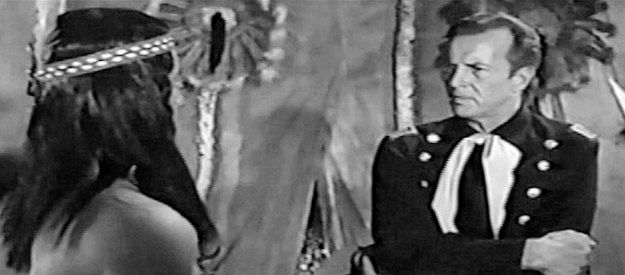 Bruce Bennet as Cap. Jim Hewson, trying to make peace with Sioux Chief Little Crow in Flaming Frontier (1958)