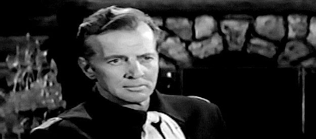 Bruce Bennett as Capt. Jim Hewson, the half-breed cavalry officer sent to Minnesota to negotiate peace with the Sioux in Flaming Frontier (1958)