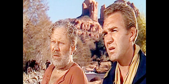 Edgar Buchanan as Sgt. O'Rourke and Forrest Tucker as Lt. Tom Blaine, cavalrymen in a race with Tex McCloud to find the notorious Sidewinder in Flaming Feather (1952)