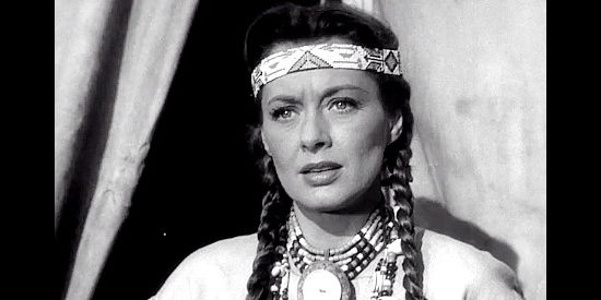 Ellen Drew as Frances Oatman, reacting to her father's plans in Davy Crockett, Indian Scout (1950)