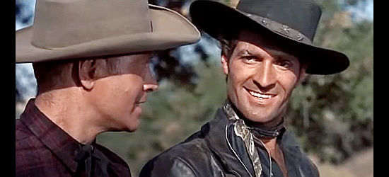 Hugh O'Brian as Morgan, the vicious fast gun under Frank Walker (Lyle Bettger's) employ in Drums Across the River (1954)