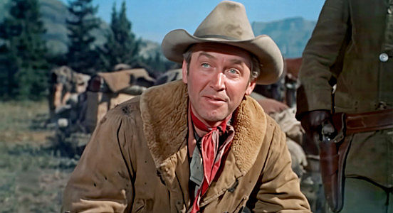 James Stewart as Jeff Webster, a man used to looking out for himself in The Far Country (1954)