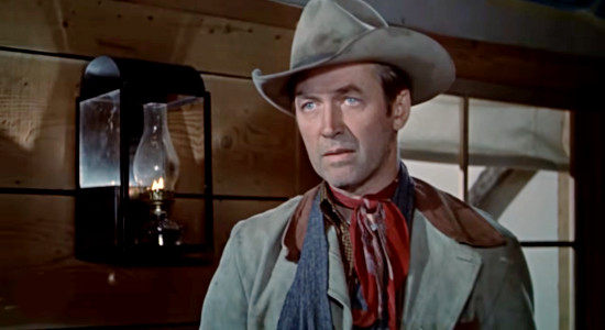 James Stewart as Jeff Webster, nearing a showdown with a crooked sheriff in The Far Country (1954)