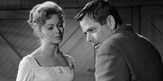 Jeanne Crain as Dora Temple, fearful of what's happening to husband George (Glenn Ford) in The Fastest Gun Alive (1956)