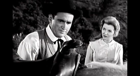 Jeff Morrow as Marshal Kirk Reed with Ellen Downs (Merry Anders), talking about their tangled past in Five Bold Women (1959)